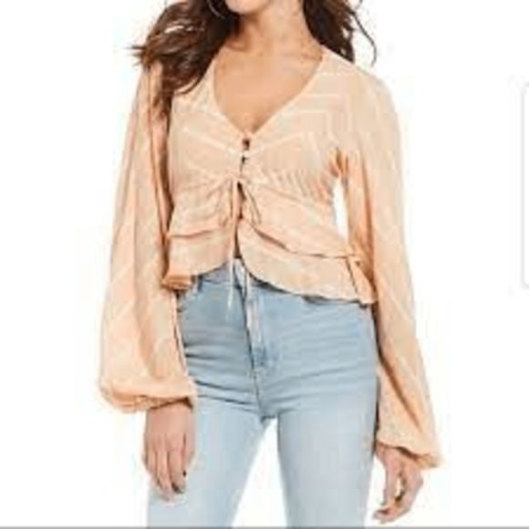 Free People Tops - Free People Samifran Ruffle Top Women's Size S Salmon Orange Striped Peplum Crop